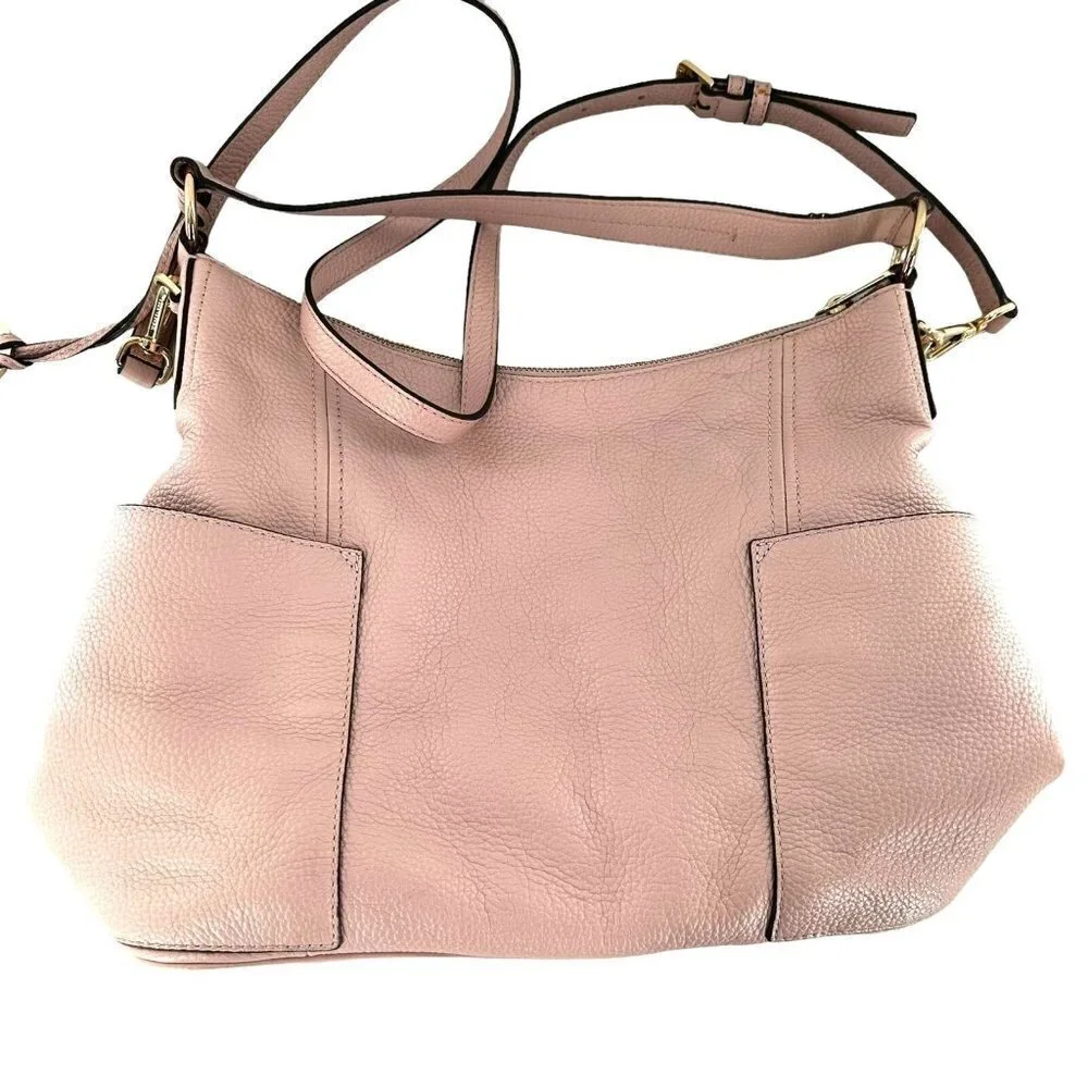 Michael Kors Anita Pink Nude Pebbled Leather Silver Hobo Shoulder Crossbody Bag